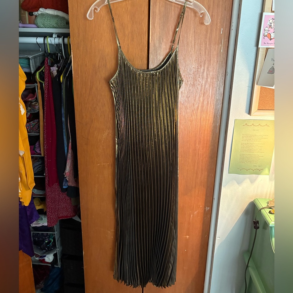 Johnny Was Metallic Gold Slip Midi Dress with Ridge/Ruched Pattern
